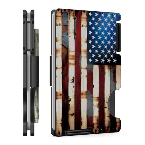 Minimalist Metal Wallet for Men, Ultra-Thin Aluminum Card Holder with Cash Strap, Front Pocket Slim RFID Blocking Wallet, Personalized American Flag-03