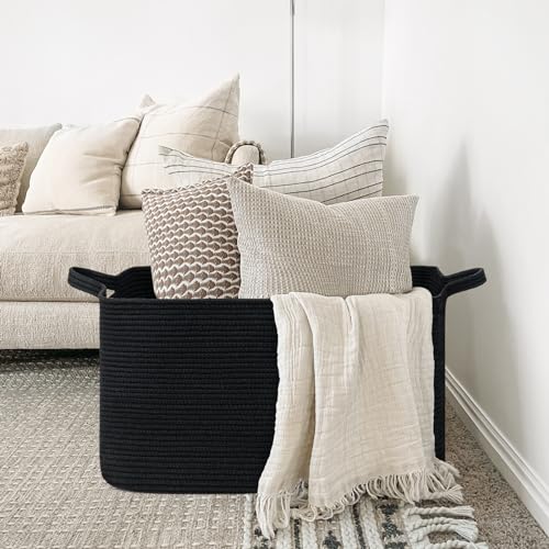 TIMEYARD Wäschekorb Geflochten, Wäschekorb Schwarz, Korb Geflochten, Aufbewahrungskorb für Baby Spielzeug, Square Laundry Baskets, Korb Aufbewahrung für Decken, kissen, Gästehandtuchkorb, 65L, Schwarz