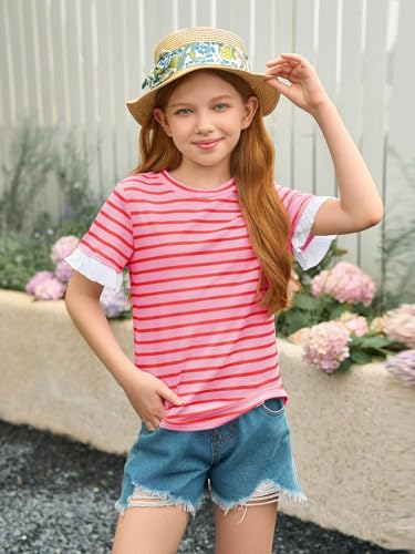 Image of Haloumoning Girls Striped Ruffle Short Sleeve T Shirts Kids Summer Crewneck Tops Casual Tees 5-14 Years