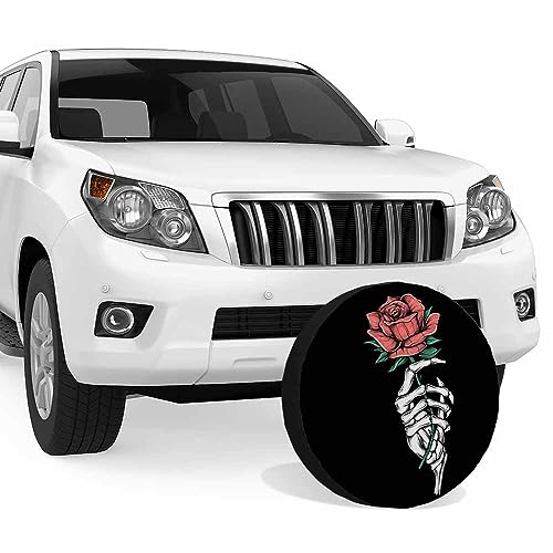 Image of Skull and Rose Spare Tire Cover Vintage Skeleton Holding Flower Halloween Romantic Love Girl Weatherproof Universal Wheel Protectors Camper Tire Covers for Trailer Rv Travel(17 inch)
