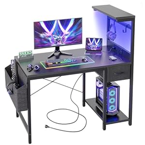 BEXEVUE LED Schreibtisch 100x50 cm mit Kohlefaserplatte, Gaming Tisch mit Schublade, Beutel und 2 Kopfhörer-Haken, computertisch mit Steckdosen, Schwarz