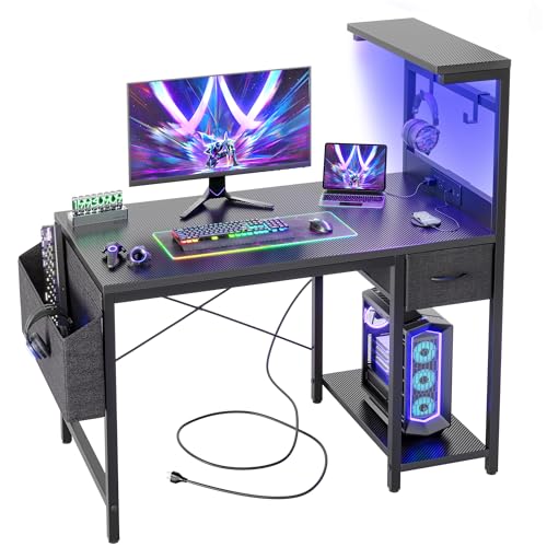 TIQLAB Gaming Desk 40 inch with Power Outlet and LED Light, Computer Desk with Reversible Shelves and Storage Drawer, Small PC Desk for Home Office Table with Bag, Carbon Fiber Black
