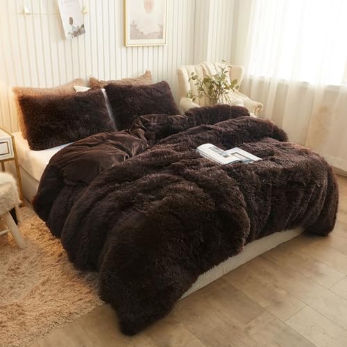 Image of XeGe Plush Shaggy Brown Duvet Cover, Luxury Ultra Soft Velvet Fuzzy Bedding 1PC(1 Faux Fur Duvet Cover), Fluffy Furry Comforter Cover for Bedroom Home Decoration, Zipper Closure(Queen, Coffee)