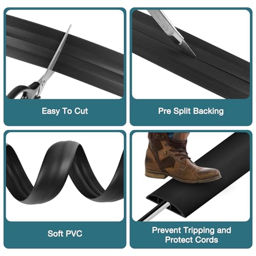 Image of Floor Cord Cover, Cable Protector, 0.63W x 0.31H inches, Wire Cover for Extension Cords, Floor Cable Covers Prevent Cable Trips (Black, 50-10 Feet) (Pack of 2)