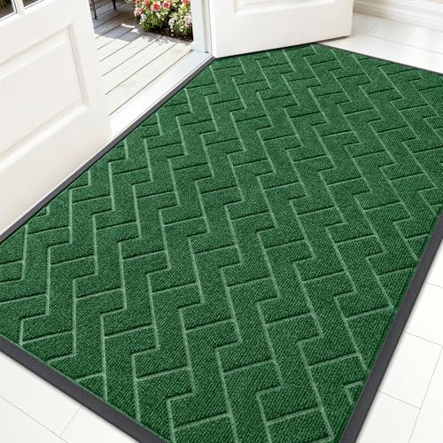 Image of OLANLY Front Door Mat Indoor Outdoor Entrance, Waterproof All-Season, All-Weather Doormat, Sturdy Natural Rubber, Low Profile, Easy Clean Patio Porch Entryway Mat, Herringbone Brick (Green, 59x34)