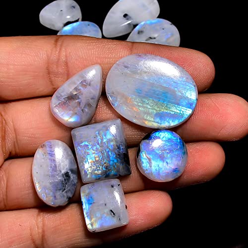 Natural Rainbow Moonstone Loose Gemstone 5 Piece Rainbow Moonstone Cabochons Lot Jewelry Making Loose Gemstone, Stone Shape Oval & Pear, Stone Size 20-35 Mm #TOP2