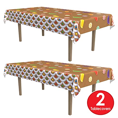 Image of Beistle Gingerbread House Tablecovers, 54 inch x 108 inch, 2 Pieces - Plastic Table Cloth, Rectangular Tablecloth, Table Covers for Party, Gingerbread Party Supplies, Christmas Decorations