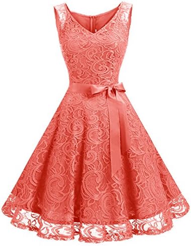 Dressystar 0010 Women Floral Lace Bridesmaid Party Dress Short Prom Dress V Neck Coral M