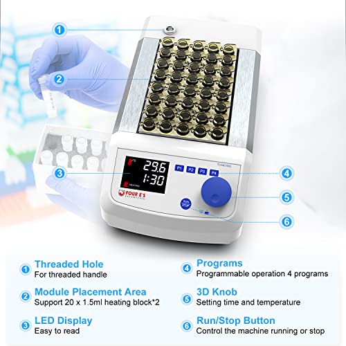 Dry Bath Incubator Heater, Four E's Scientific Led Digital Display Programmable Lab Block Heater, Including 2Pcs 20 X 1.5Ml Aluminium Heating Block, Up To 150°C, With Pt1000 Temperature Sensor #TOP3