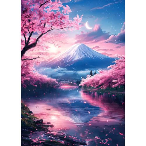 QQYRHN 5D DIY Fleur Cerisier Kits de Peinture Diamant, Complète Mont Fuji Diamond Painting pour Adulte Débutants, Nightfall Art du Diamant, Décoration Murale Maison Peinture au Diamant Avec 30x40 cm