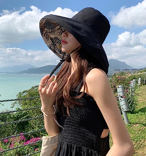 Image of HUAMULAN Women Sun Hat Summer Bucket Beach Boonie Cotton Cap Wide Brim UPF 50
