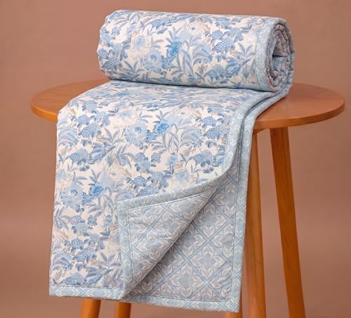 Image of BSB HOME Cotton Dohar for Double Bed, Lightweight AC Dohar Blanket, Soft Breathable Fabric, All-Season Comfort, Easy Care - 85 x 88 Inches (216 x 224 cm) (Powder Blue Bloom)