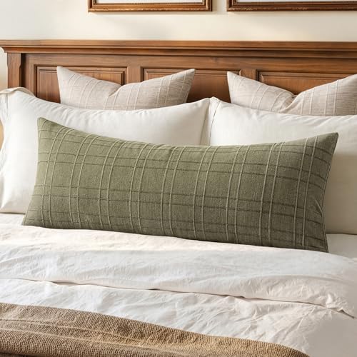 MIULEE Long Lumbar Throw Pillow Cover 14x36 Soft Linen Check Decorative Pillowcase Pack of 1 Vintage Farmhouse Textured Accent Cushion Cover for Sofa Couch Bedroom Living Room, Sage Green