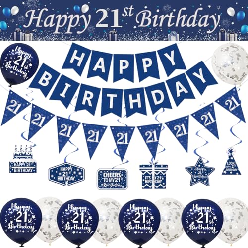 Yontree 21st Birthday Decorations - Blue Silver Banner, Bunting, Flags, Swirls, Balloons for Boys' 21st Party