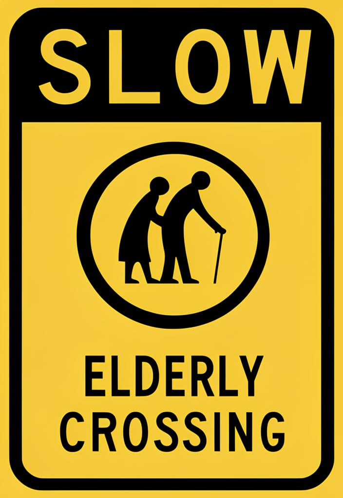 peiyeety Slow Elderly Crossing Tin Sign 12x8 Inch, Yellow & Black Vintage-Style Metal Wall Decor Plaque with Rounded Corners, Funny Caution Street Sign for Garage, Man Cave, Bar, Home Gift