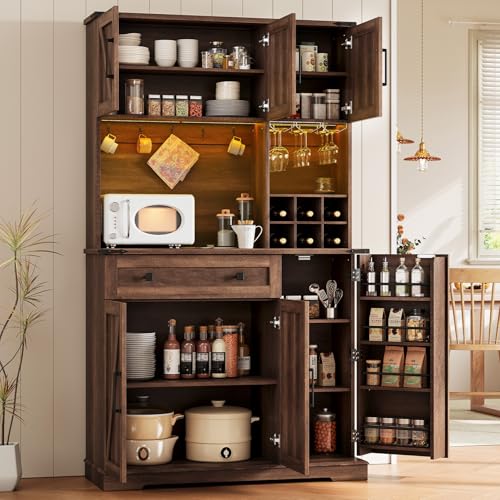 Image of Concho 71" Pantry Cabinet, Kitchen Pantry Storage Cabinet with Outlet & LED Light, Farmhouse Kitchen Hutch with Microwave Stand, Adjustable Shelves and Wine Rack, Food Pantry Cabinet for Dining Room