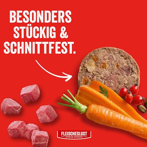 Fleischeslust Hundewurst | Zartes Rind mit Karotte, Hagebutte & Kürbiskernen | Futterbox (6x800g) | Nassfutter | schnittfest | getreidefrei | Alleinfuttermittel für ausgewachsene Hunde