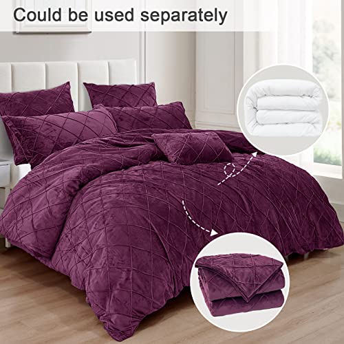 Phf Pleated Velvet Comforter Set Queen, 5Pcs Ultra Soft Warm Comforter Set For Fall And Winter, Cozy Flannel Velour Bed In A Bag, Include Comforter, Pillow Shams And Euro Shams, Wine Red #TOP3