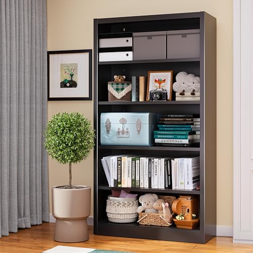 Image of 55 inch Tall Black Bookcase, 5 Tier Metal Bookshelf with Adjustable Shelves, Modern Deep Bookcase for Living Room, Home Office, Library