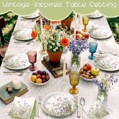 Image of Qinyoung 100 Pcs Floral Tea Party Plates and Napkins Sets Wildflower Party Supplies Floral Paper Plates and Napkins Disposable Spring Themed Baby Shower Tableware for Summer Wedding, Serve 50 Guests