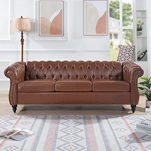 Chesterfield Faux Leather Sofa, 3 Seater Upholstered Tufted Couch With Removable Cushions Wood Legs And Rolled Arms, For Living Room Office Apartment (Pu Leather, Brown) #TOP12