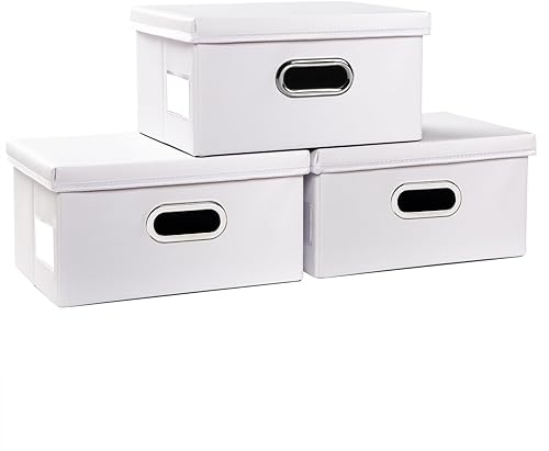 Miniatura 88 de PRANDOM Cajas de almacenamiento apilables grandes con tapas [paquete de 5] contenedores de almacenamiento plegables de tela de cuero, cestas