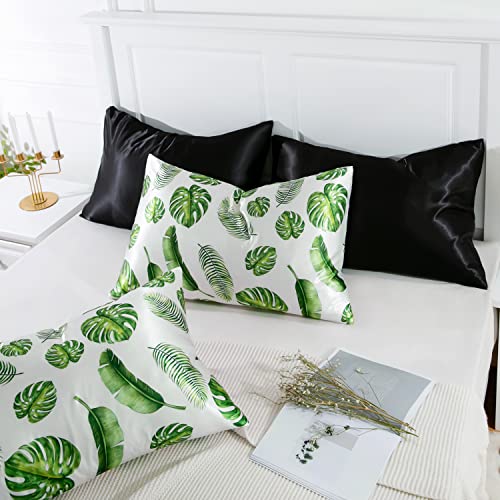 Image of MR&HM Satin Pillowcase for Hair and Skin, Silk Satin Pillowcase 2 Pack, King Size Pillow Cases Set of 2, Silky Pillow Cover with Envelope Closure (20x36, Leaves)