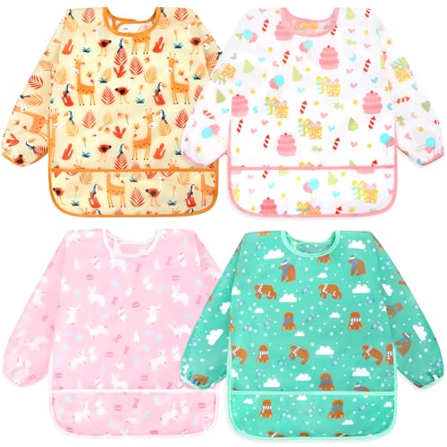 Image of Accmor 4 Pack Long Sleeve Bibs, Baby Smock Waterproof Sleeved Bib Smock for Baby Toddler 6-36 Months