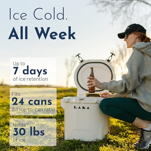 Image of Laka Cooler with Wheels - 30QT Rotomolded Insulated Rolling Hard Cooler, Telescoping Handle, Holds 24 Cans + Ice, Up to 7 Days Cold, Drain Plug, Cup Holders + Bottle Opener, Beach /Camping /Boat