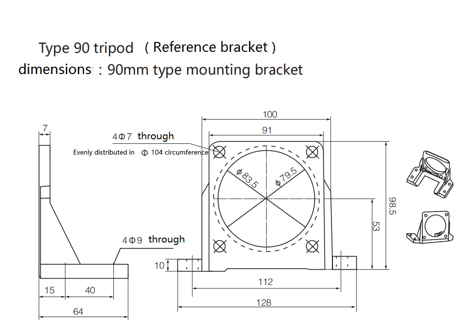 Technical drawing showing dimensions for a Type 90 tripod reference bracket.