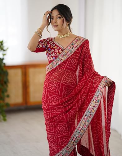 Image of SIRIL Women's Georgette Bandhani Printed Saree with Unstitched Blouse Piece