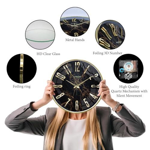 Image of RANDOM Silent Wall Clock, Non-Ticking Quartz Movement, Foiling Ring and 3D Numbers (Gold Accent)