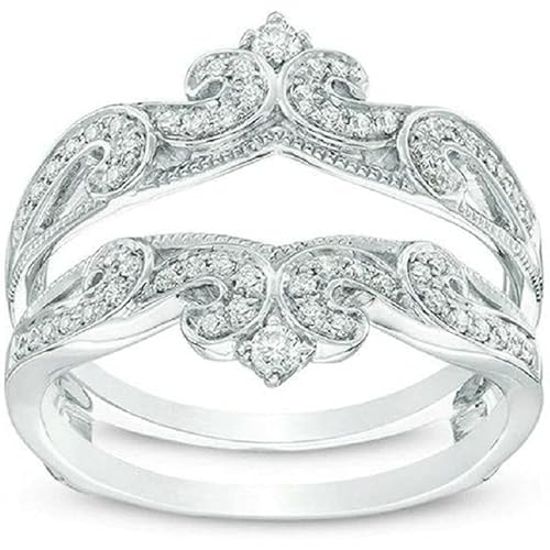 Round Cubic Zirconia Vintage Crowned Enhancer Wedding Band Ring Guard Enhancer Wrap Band Solid 925 Silver 14K White Gold Over