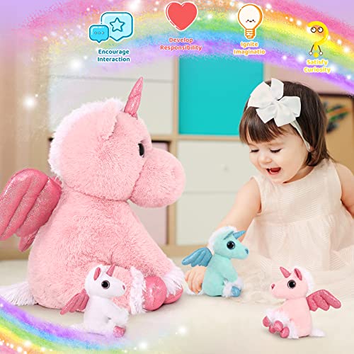 Morismos Pink Unicorn Stuffed Animal With Babies Inside Belly, Stuffed Mommy Unicorn Stuffed Animal With Babies, 4Pcs Plush Unicorn Toys For Girls Boys, Unicorn Gift For Girls Boys Kids Birthday Gift #TOP2