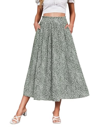 Zeagoo Women's High Waist Boho Floral Print Pleated Midi Skirt Casual Flowy Swing A Line Beach Maxi Skirts Green M