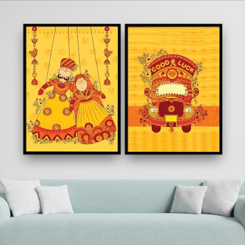 Image of NoWorries Indian Folk Art Framed Wall Painting Set of 2, Yellow Red Orange & Black, Traditional Couple Swing and Good Luck Auto Rickshaw Art Print for Bedroom, Office Decor (Art-1, 21x31inch)