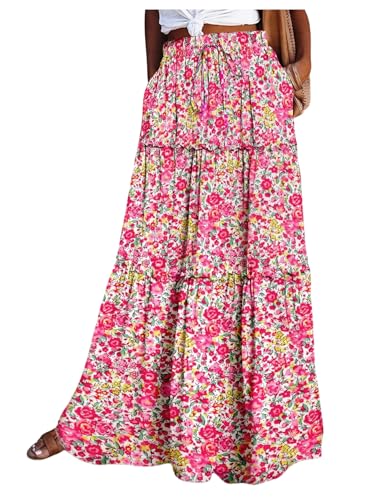 Milumia Women's Boho Maxi Skirt A-Line Flowy Ruffle Tiered Elastic High Waist Beach Long Skirts