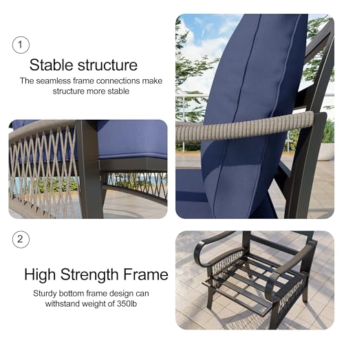 Image of 5 Pieces Patio Conversation Sets, All Weather Metal Outdoor Furniture Set with Sectional Sofa Loveseat Couch for Backyard Garden Deck Porch Poolside (Blue Cushions)