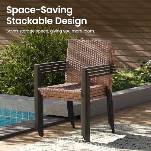 Image of Amopatio Stackable Wicker Chairs, Patio Dining Chairs Set of 6, All-Weather Breathable Outdoor Dining Chair, Steel Frame, Armchair w /Armrests, for Garden, Porch, Deck, Poolside, Fire Pit, Brown