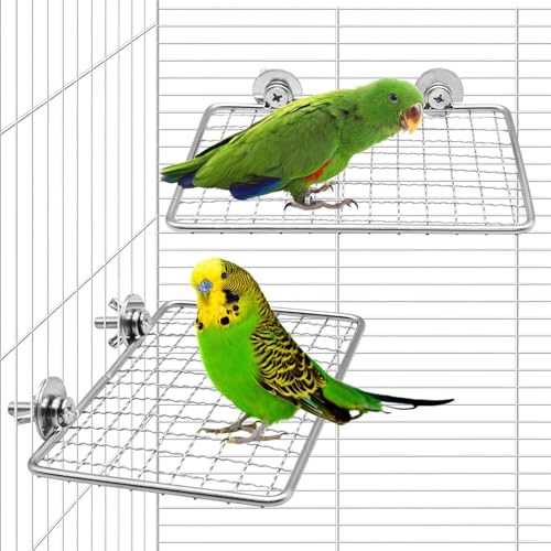 Image of BNOSDM Bird Perch Platform 2 Pcs Stainless Steel Grid Parrot Perches Stand Shelf Parrots Platform Perch Small Birds Cage Accessories for Parakeets, Budgies, Conures, Cockatiels, Lovebirds (S)
