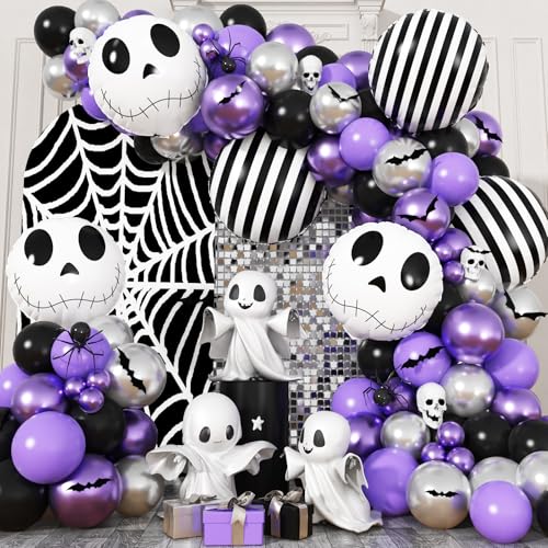 Skull Halloween Birthday Party Decorations Metallic Purple Black Silver Balloon Garland Arch Kit with Stripe Skull Balloons for Ghost Skeleton Trunk or Treat Halloween Birthday Baby Shower Decorations