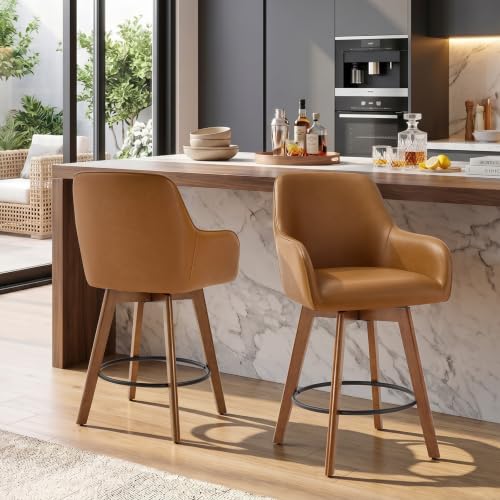 Brightgrove 26" Swivel Bar Stools Set of 2, Oak Solid Wood Legs, Brown