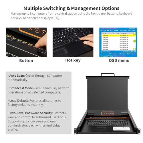 Image of 1U Rack Mount KVM Console, 8 Port Cat5 KVM Switch with 8 HDMI to RJ45 Dongles, 19 inch Rackmount Monitor Keyboard,OSD /Hotkey /Button Switching,1280x1024 60Hz 5:4 Ratio,Compatible with Windows Linux Mac Sun