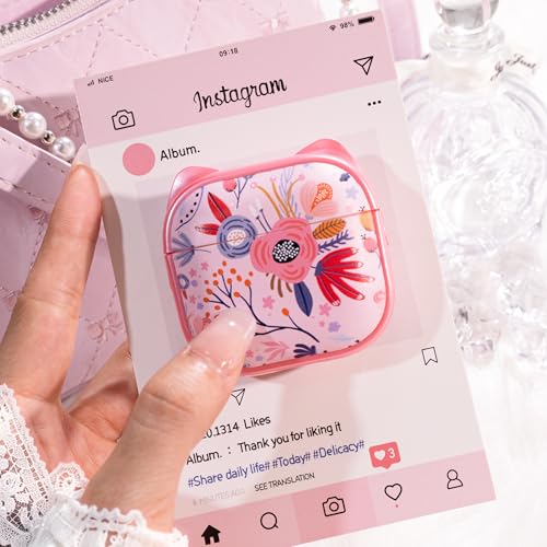 Image of for AirPods 4 Case with Cleaning Kit, Cute Cat Ear Print Design & Cute Buckle, Inverted Phone Holder Design, Top Safe Lock Buckle Design, for Girls AirPods 4 case 2024, Pink Flower