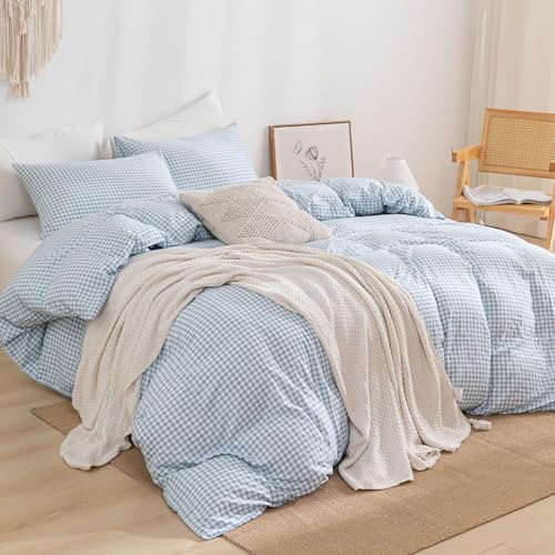 YHJWW Pale Blue Gingham Duvet Cover Bedding Set Prewashed Extra Soft Comfy Breathable 3 Piece Plaid Checkered Grid Comforter Cover Set Cute Aesthetic (Queen 90"x90", No Comforter) by YHJWW - Image 3