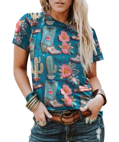 Boho Western Cowgirl Shirts for Women: Vintage Western Rodeo Graphic Tee Cowgirl 3D Digital Printing Short Sleeve Tops
