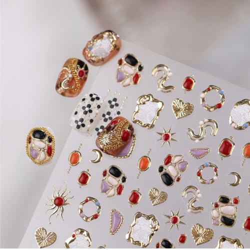 Image of Colorful Gem Nail Stickers Irregular Frame Design Vintage Nail Art Decals | Gold Metal Nail Decals 5D Self Adhesive Rhinestone Lace Nail Art Stickers for Luxury Manicure Decor Accessories 1 Sheets