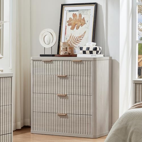 Image of LEYAOYAO Fluted 5 Drawers Dresser for Bedroom Set of 2, 34 inch Tall Modern Chest of Drawers with Metal Handle, Curved Profile Design,Wood Drawer Organizer for Bedroom, Living Room, Hallway,Lightgrey