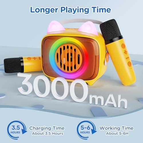 BIGASUO Kids Karaoke Machine with 2 Wireless Microphones & LED Lights - Portable Bluetooth Speaker for Birthday Parties (Yellow, 2-Pack)