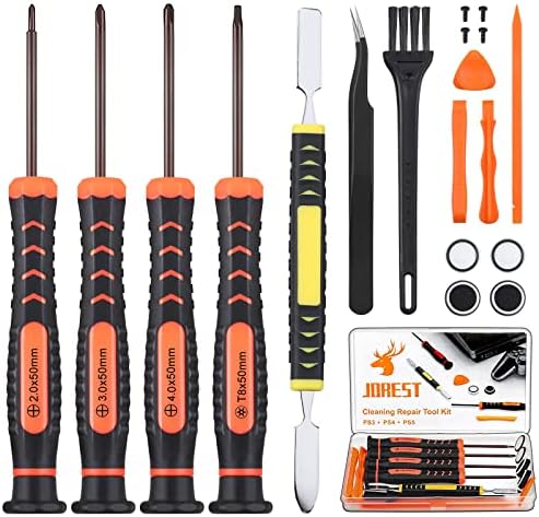 JOREST Cleaning Repair Tool Kit for PS3 PS4 PS5, with PH00 PH0 PH1 and T8 Torx Security Screwdriver, Crowbars, Tweezers, Brush, Grip Caps, Screws, Accessories for PS3/4/5 Controller and Console
